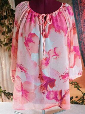 EUC a.n.a Sz1X Pink & Orange Floral Chiffon Boho Tunic Blouse Tie Neck Sheer Top